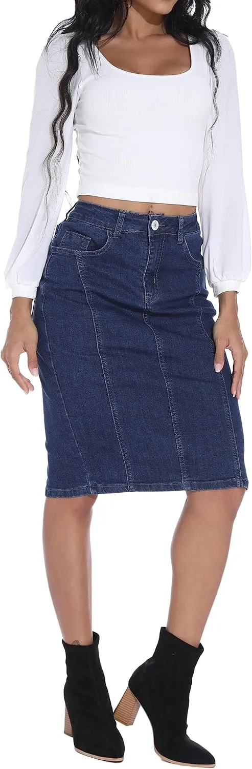 GUANYY Womens Denim Skirt-High Waisted Knee Length Slim Fit Pencil Stretch Jean Skirt