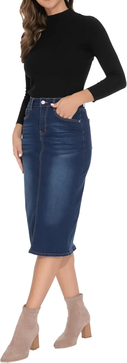 GUANYY Womens Denim Skirt-High Waisted Knee Length Slim Fit Pencil Stretch Jean Skirt