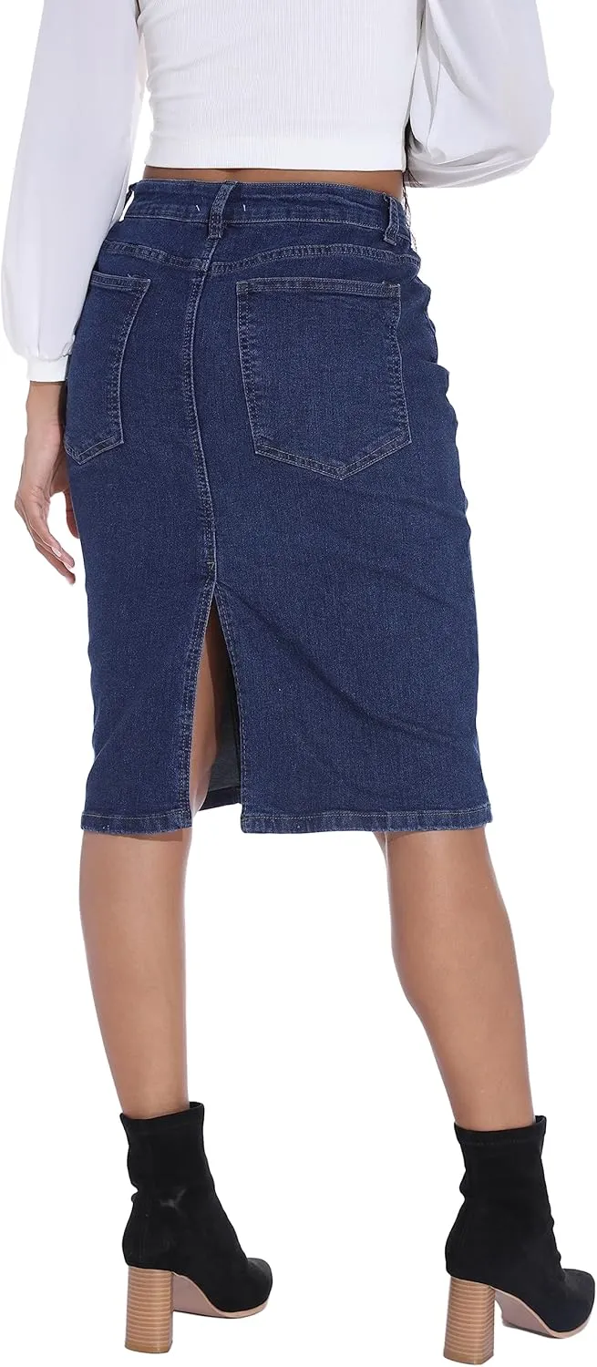 GUANYY Womens Denim Skirt-High Waisted Knee Length Slim Fit Pencil Stretch Jean Skirt