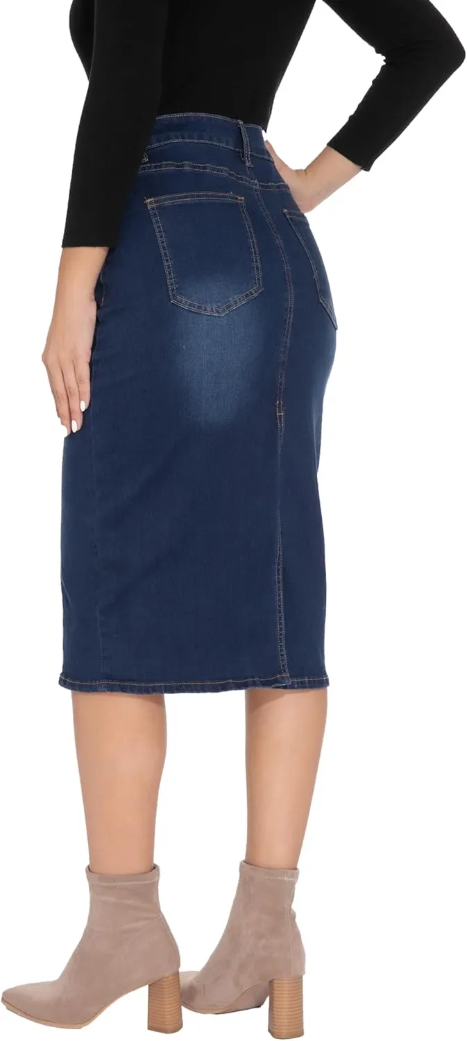 GUANYY Womens Denim Skirt-High Waisted Knee Length Slim Fit Pencil Stretch Jean Skirt