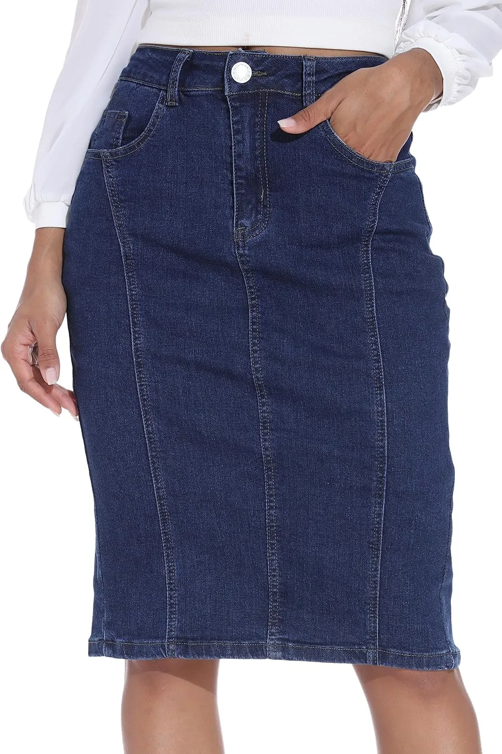 GUANYY Womens Denim Skirt-High Waisted Knee Length Slim Fit Pencil Stretch Jean Skirt
