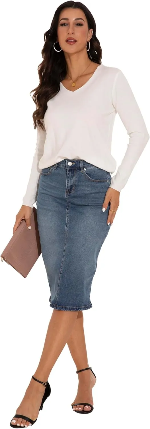 GUANYY Womens Denim Skirt-High Waisted Knee Length Slim Fit Pencil Stretch Jean Skirt