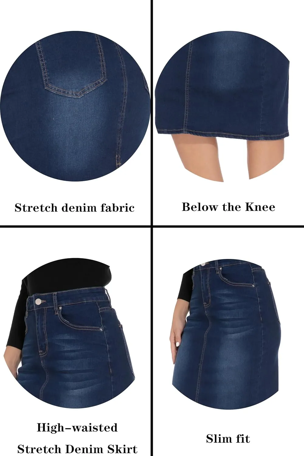 GUANYY Womens Denim Skirt-High Waisted Knee Length Slim Fit Pencil Stretch Jean Skirt