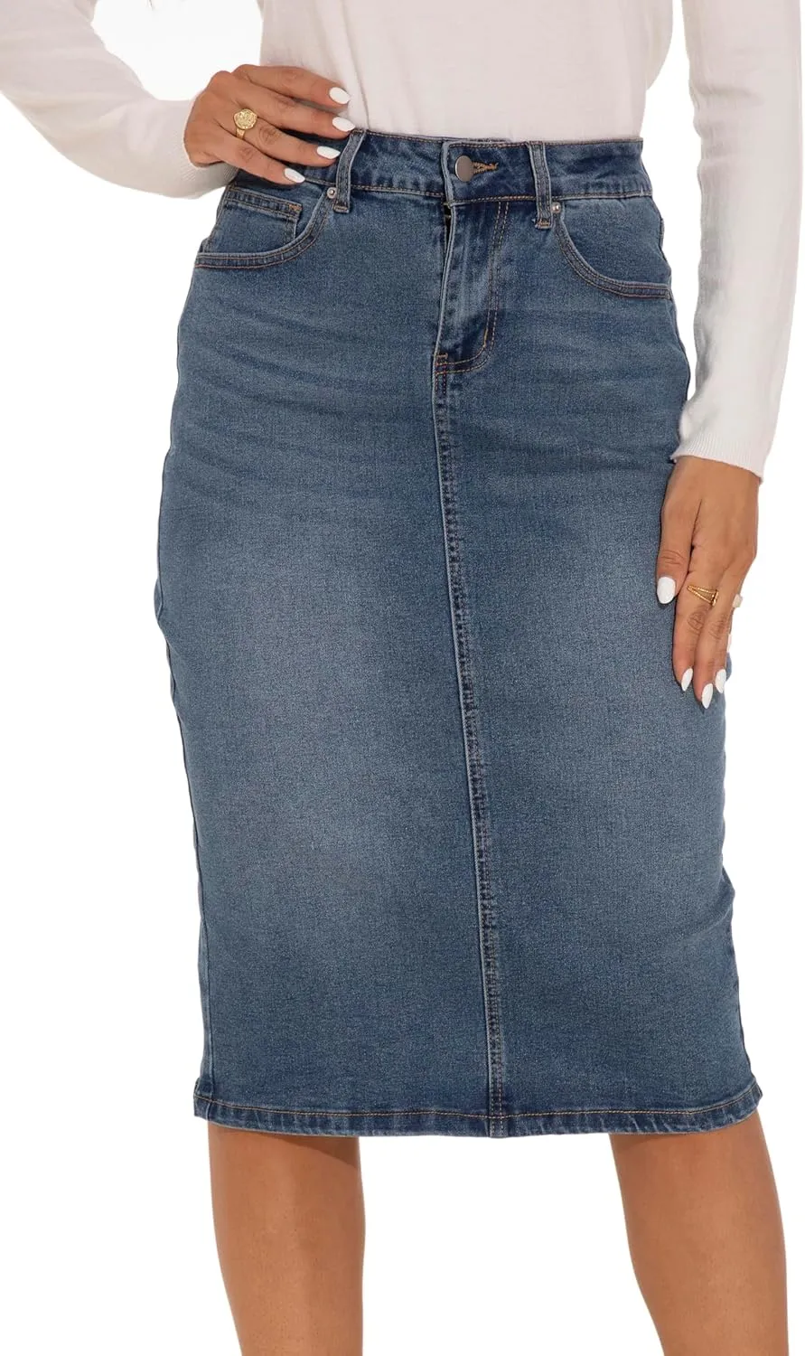 GUANYY Womens Denim Skirt-High Waisted Knee Length Slim Fit Pencil Stretch Jean Skirt