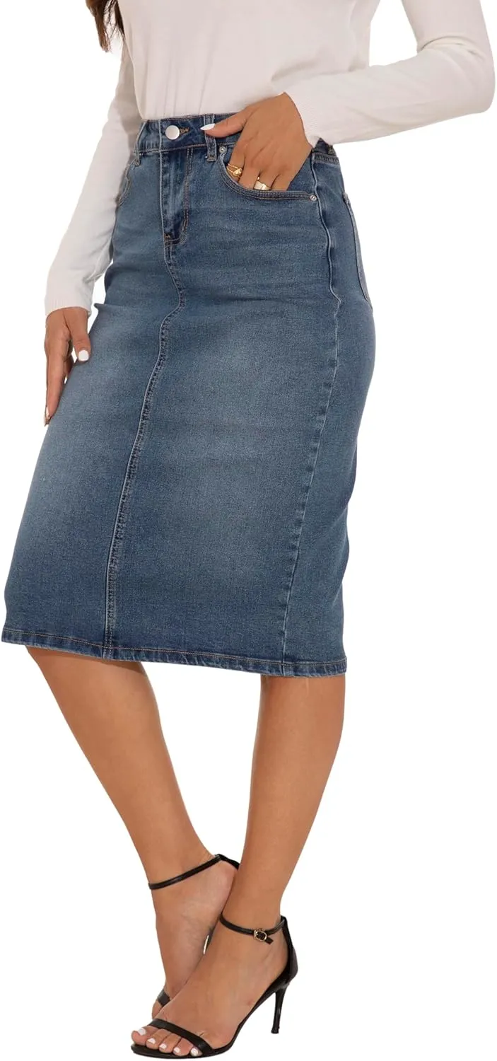 GUANYY Womens Denim Skirt-High Waisted Knee Length Slim Fit Pencil Stretch Jean Skirt