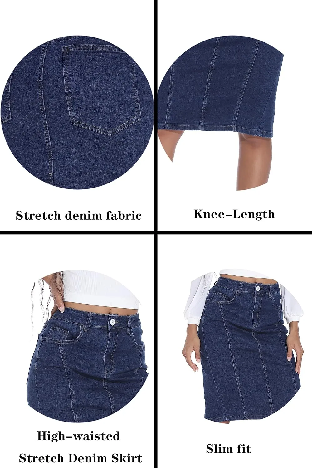GUANYY Womens Denim Skirt-High Waisted Knee Length Slim Fit Pencil Stretch Jean Skirt