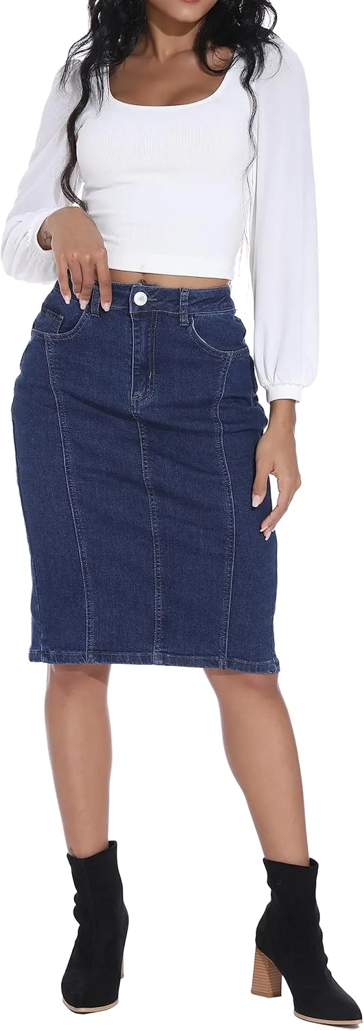 GUANYY Womens Denim Skirt-High Waisted Knee Length Slim Fit Pencil Stretch Jean Skirt