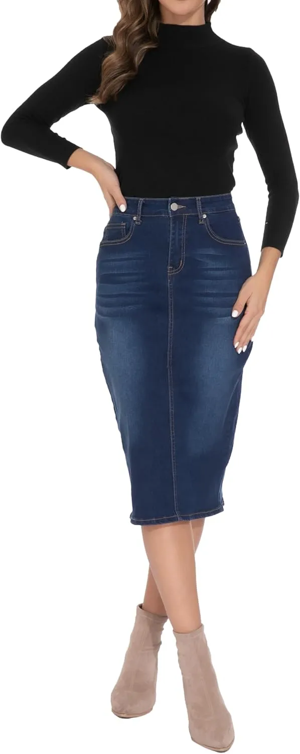 GUANYY Womens Denim Skirt-High Waisted Knee Length Slim Fit Pencil Stretch Jean Skirt