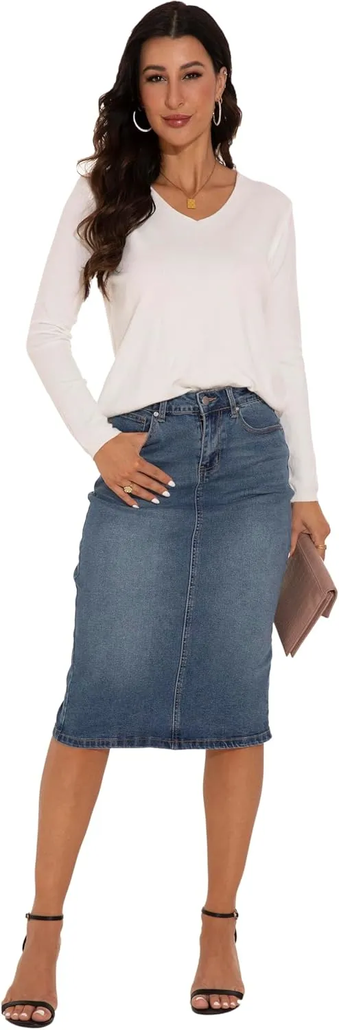GUANYY Womens Denim Skirt-High Waisted Knee Length Slim Fit Pencil Stretch Jean Skirt