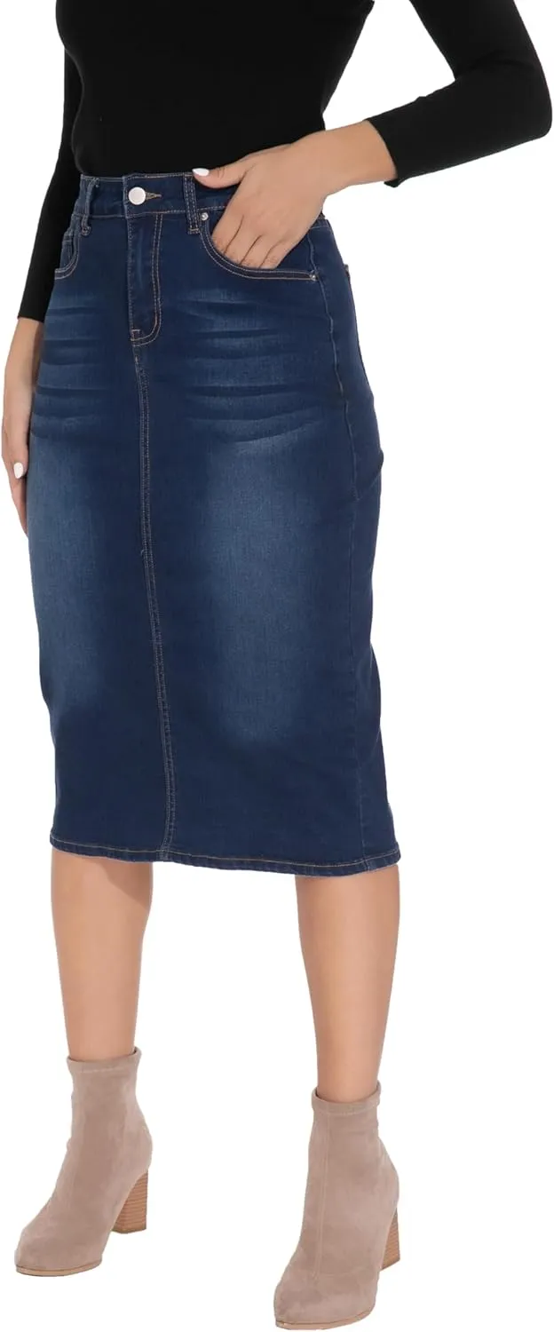 GUANYY Womens Denim Skirt-High Waisted Knee Length Slim Fit Pencil Stretch Jean Skirt