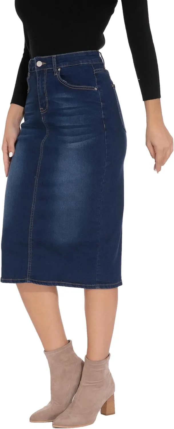 GUANYY Womens Denim Skirt-High Waisted Knee Length Slim Fit Pencil Stretch Jean Skirt