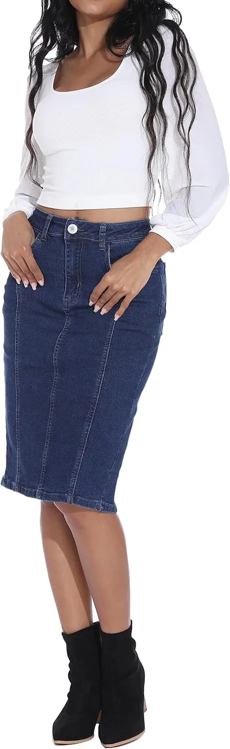 GUANYY Womens Denim Skirt-High Waisted Knee Length Slim Fit Pencil Stretch Jean Skirt