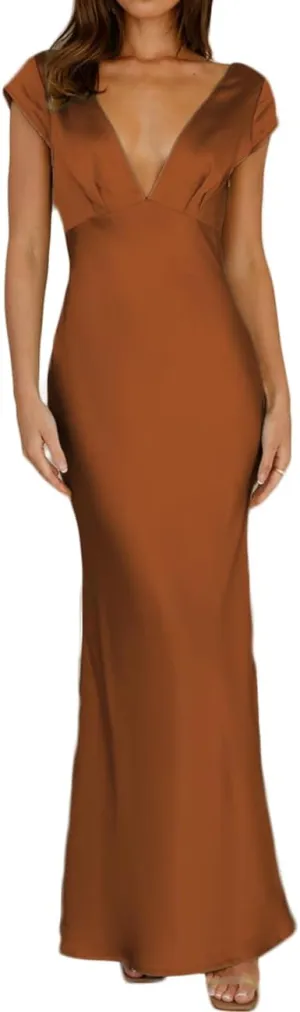 Halfisland Womens Summer Satin V Neck Cap Sleeve Backless Maxi Dress Elegant Twist Cut Out Midi Dresses Wedding Guest