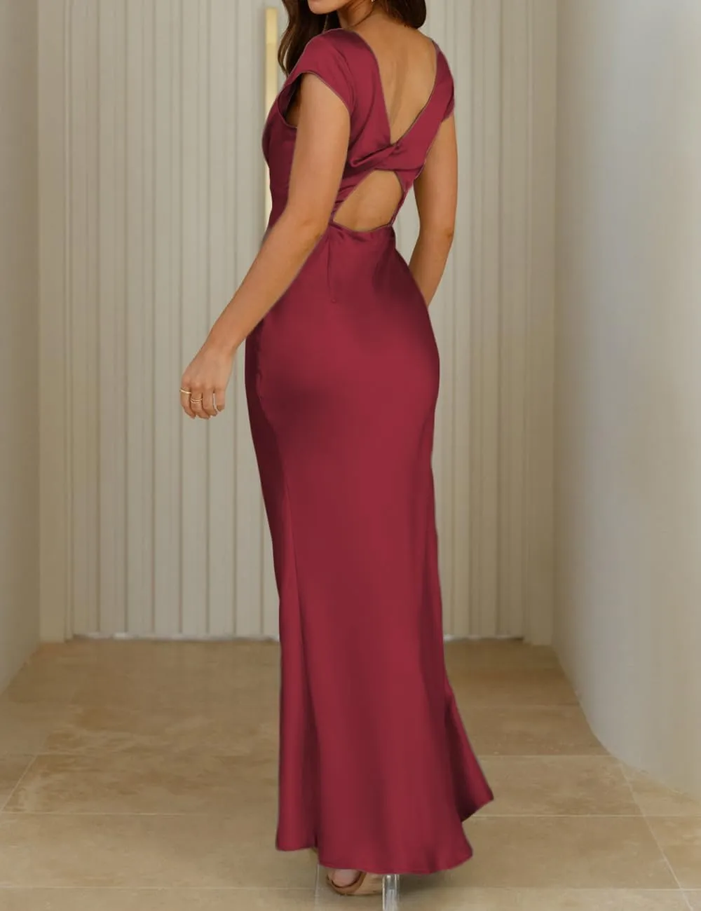 Halfisland Womens Summer Satin V Neck Cap Sleeve Backless Maxi Dress Elegant Twist Cut Out Midi Dresses Wedding Guest