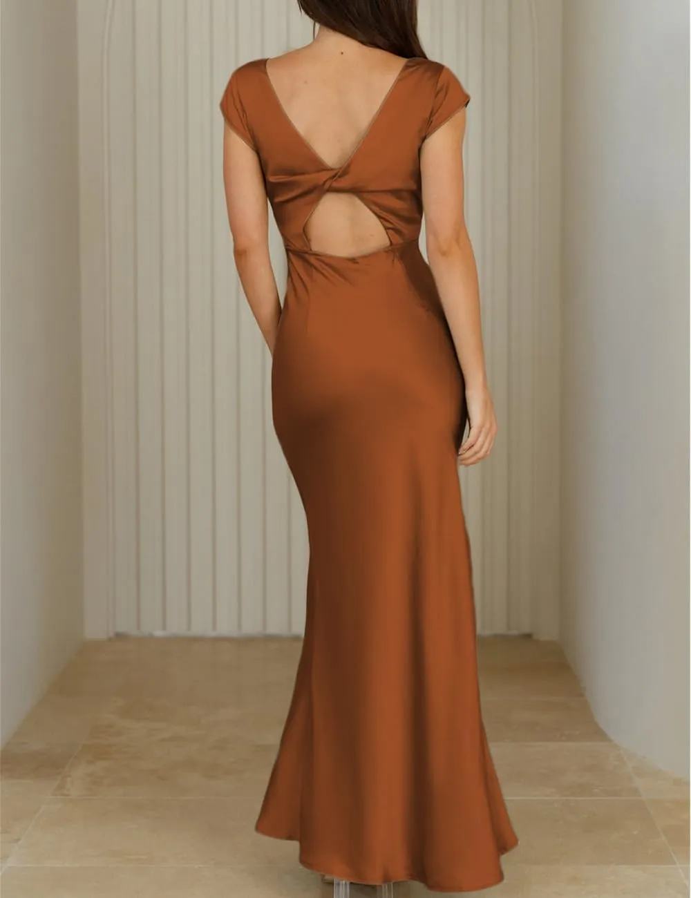 Halfisland Womens Summer Satin V Neck Cap Sleeve Backless Maxi Dress Elegant Twist Cut Out Midi Dresses Wedding Guest