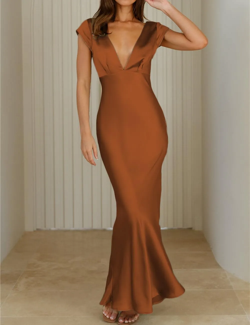 Halfisland Womens Summer Satin V Neck Cap Sleeve Backless Maxi Dress Elegant Twist Cut Out Midi Dresses Wedding Guest