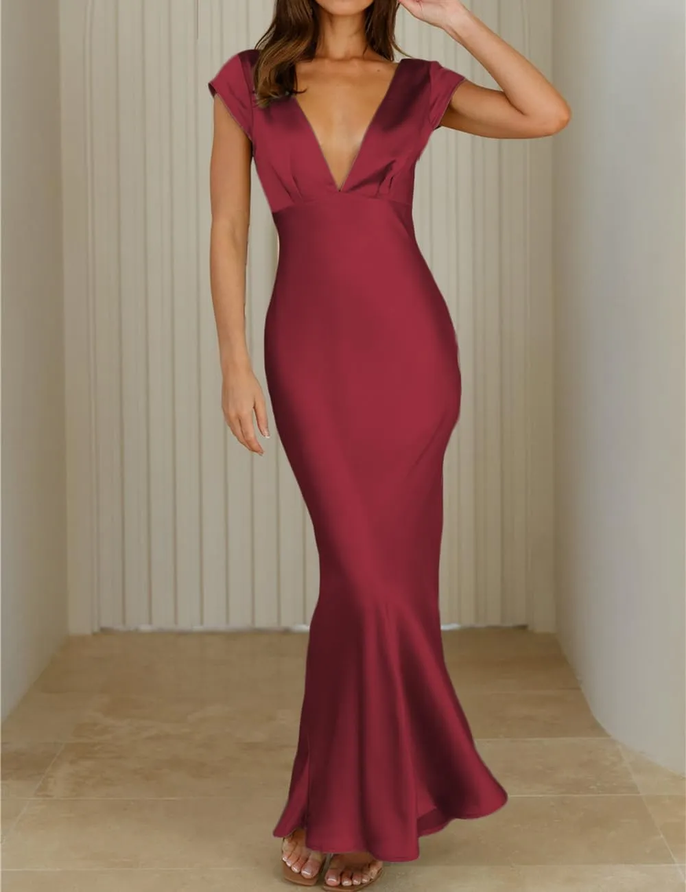 Halfisland Womens Summer Satin V Neck Cap Sleeve Backless Maxi Dress Elegant Twist Cut Out Midi Dresses Wedding Guest