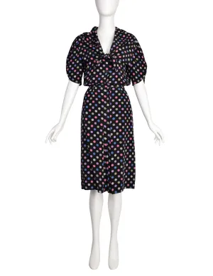 Jean Muir Vintage Black Multicolor Polka Dot Silk Top and Skirt Ensemble Set