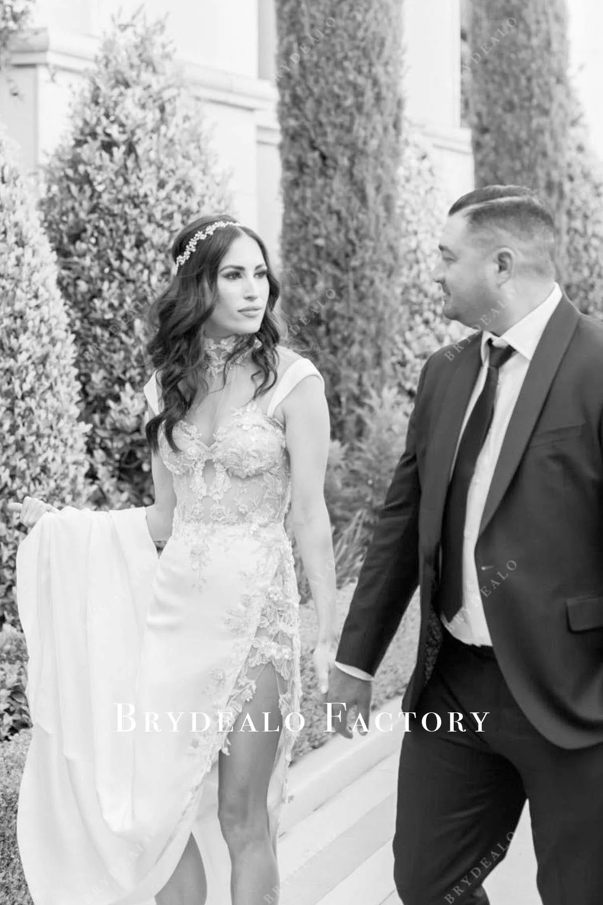 Lace Appliques Beaded Cap Sleeves Slit Bridal Dress