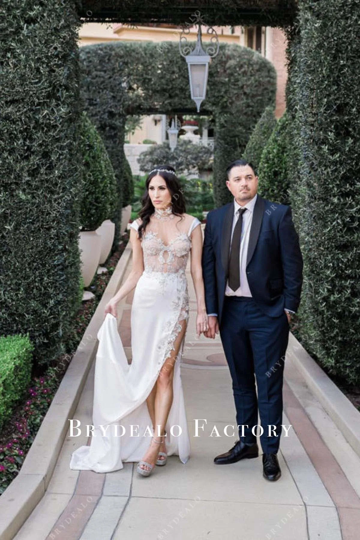 Lace Appliques Beaded Cap Sleeves Slit Bridal Dress