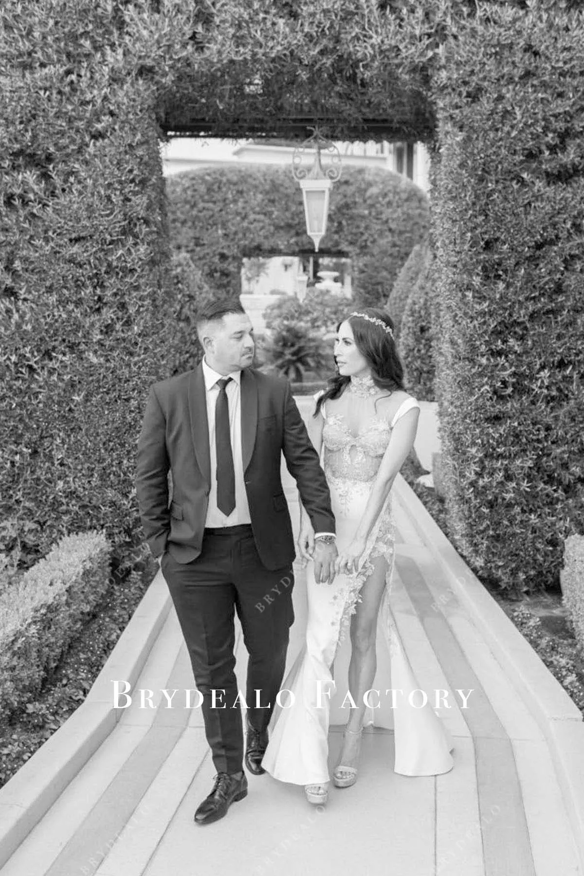 Lace Appliques Beaded Cap Sleeves Slit Bridal Dress