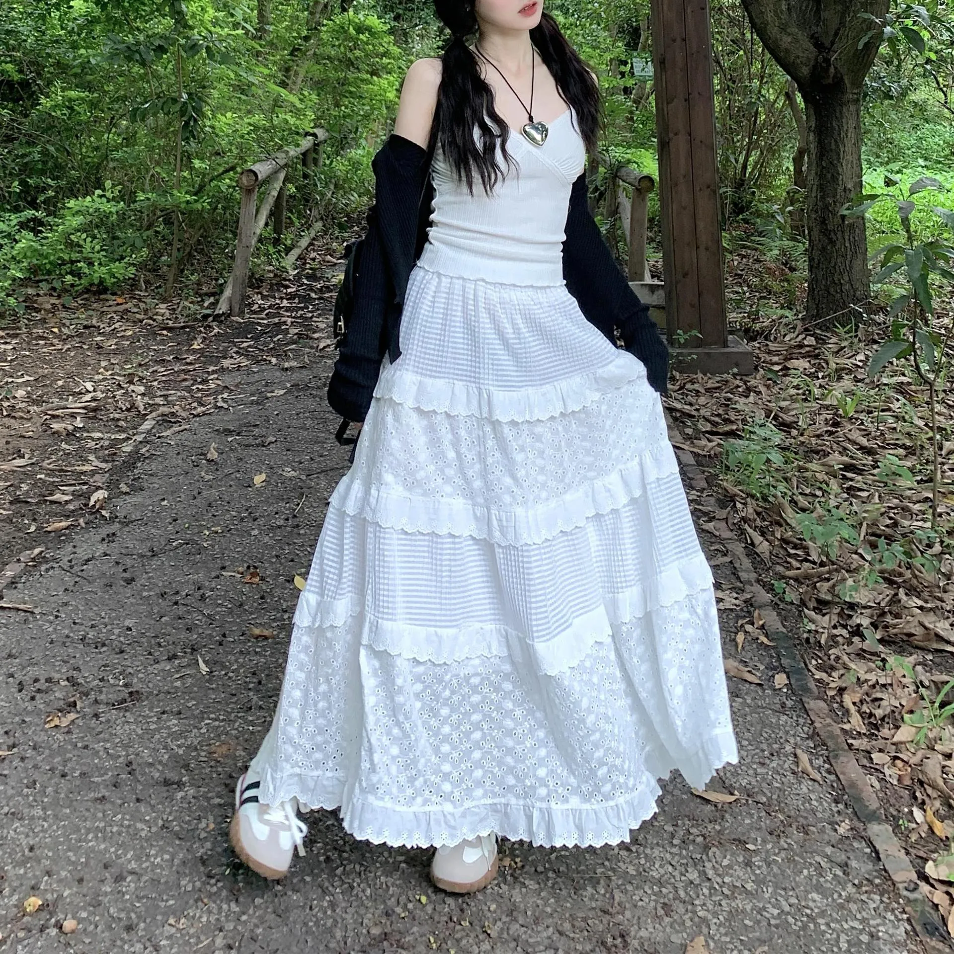Lanfubeisi church outfit White Gentle Style Skirt Women's Early Spring High Waist Umbrella Skirt A- Line Skirt Long Skirt Cake Skirt Design Lace Skirt