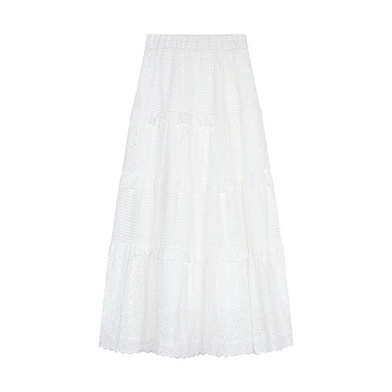 Lanfubeisi church outfit White Gentle Style Skirt Women's Early Spring High Waist Umbrella Skirt A- Line Skirt Long Skirt Cake Skirt Design Lace Skirt
