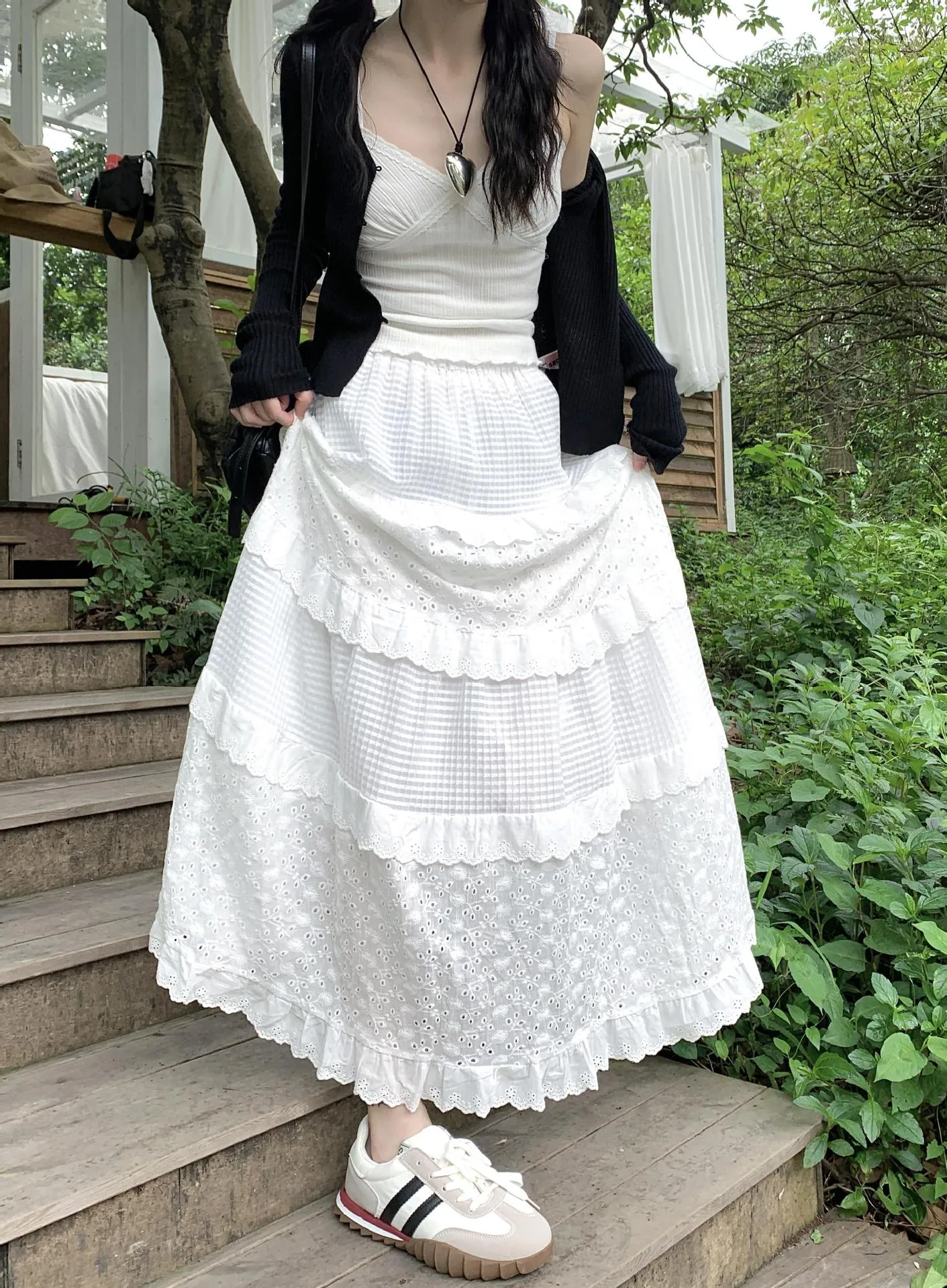 Lanfubeisi church outfit White Gentle Style Skirt Women's Early Spring High Waist Umbrella Skirt A- Line Skirt Long Skirt Cake Skirt Design Lace Skirt