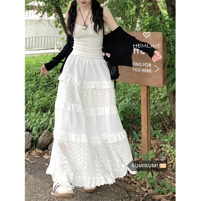 Lanfubeisi church outfit White Gentle Style Skirt Women's Early Spring High Waist Umbrella Skirt A- Line Skirt Long Skirt Cake Skirt Design Lace Skirt