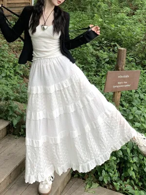 Lanfubeisi church outfit White Gentle Style Skirt Women's Early Spring High Waist Umbrella Skirt A- Line Skirt Long Skirt Cake Skirt Design Lace Skirt