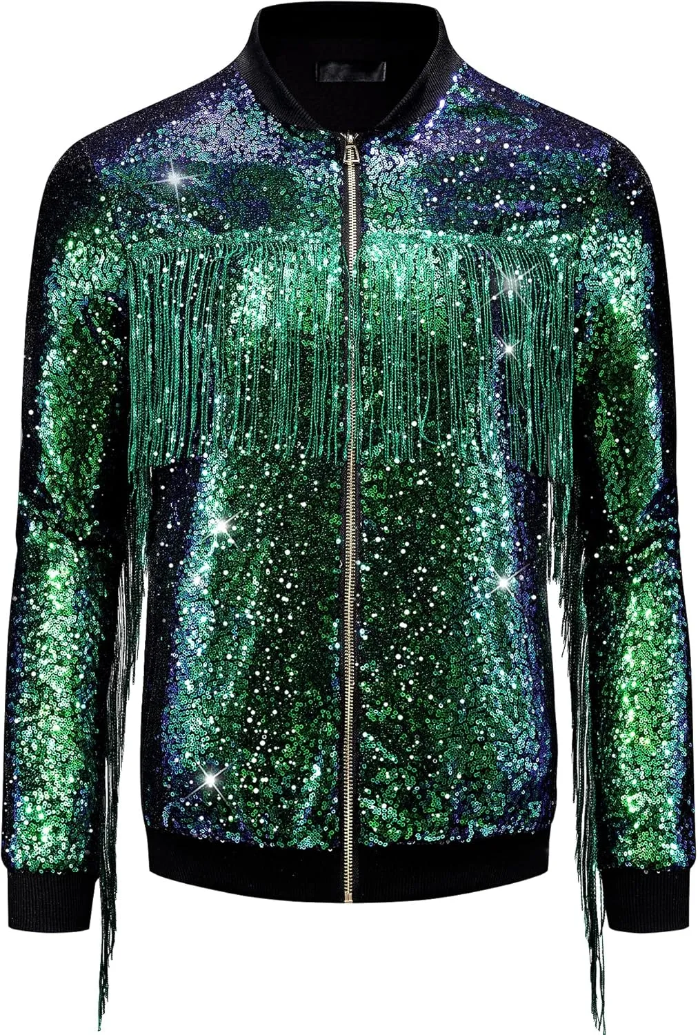 Lars Amadeus Shiny Tassel Jacket for Men's Zipper 70s Disco Sparkly Sequins Baseball Bomber Jackets