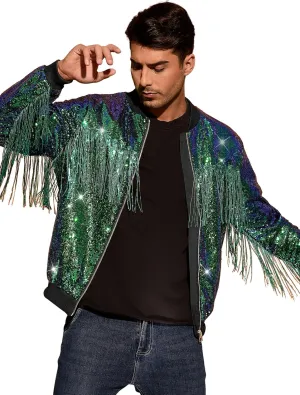 Lars Amadeus Shiny Tassel Jacket for Men's Zipper 70s Disco Sparkly Sequins Baseball Bomber Jackets