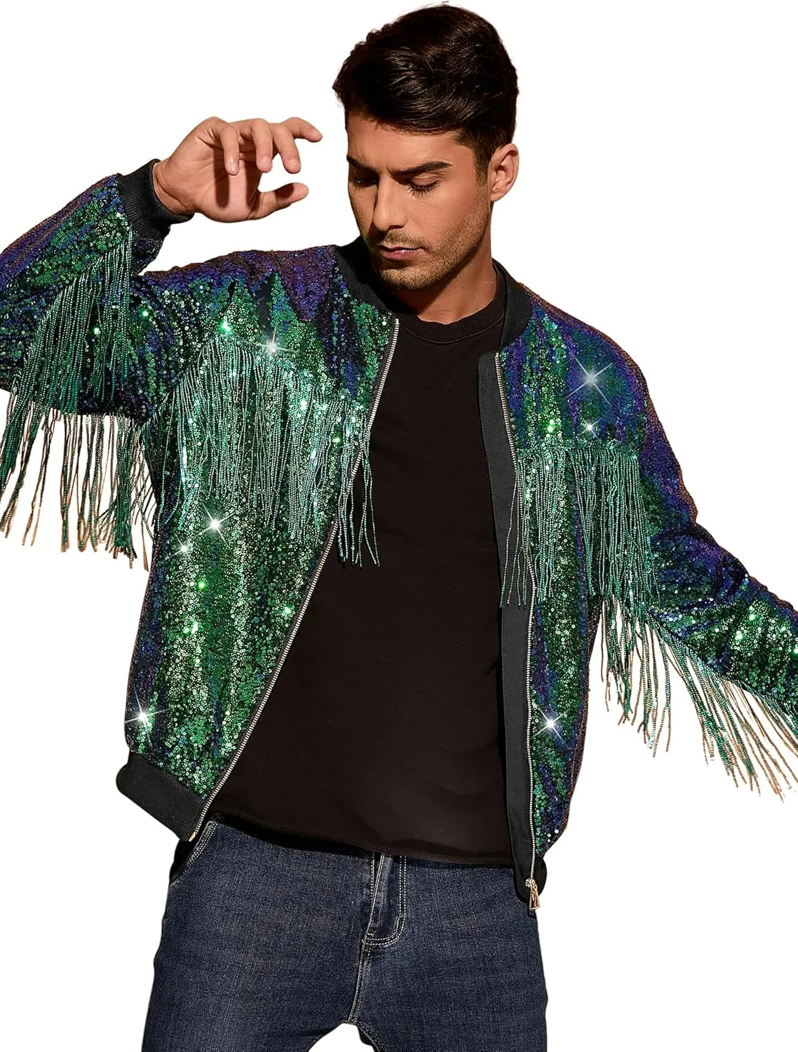 Lars Amadeus Shiny Tassel Jacket for Men's Zipper 70s Disco Sparkly Sequins Baseball Bomber Jackets