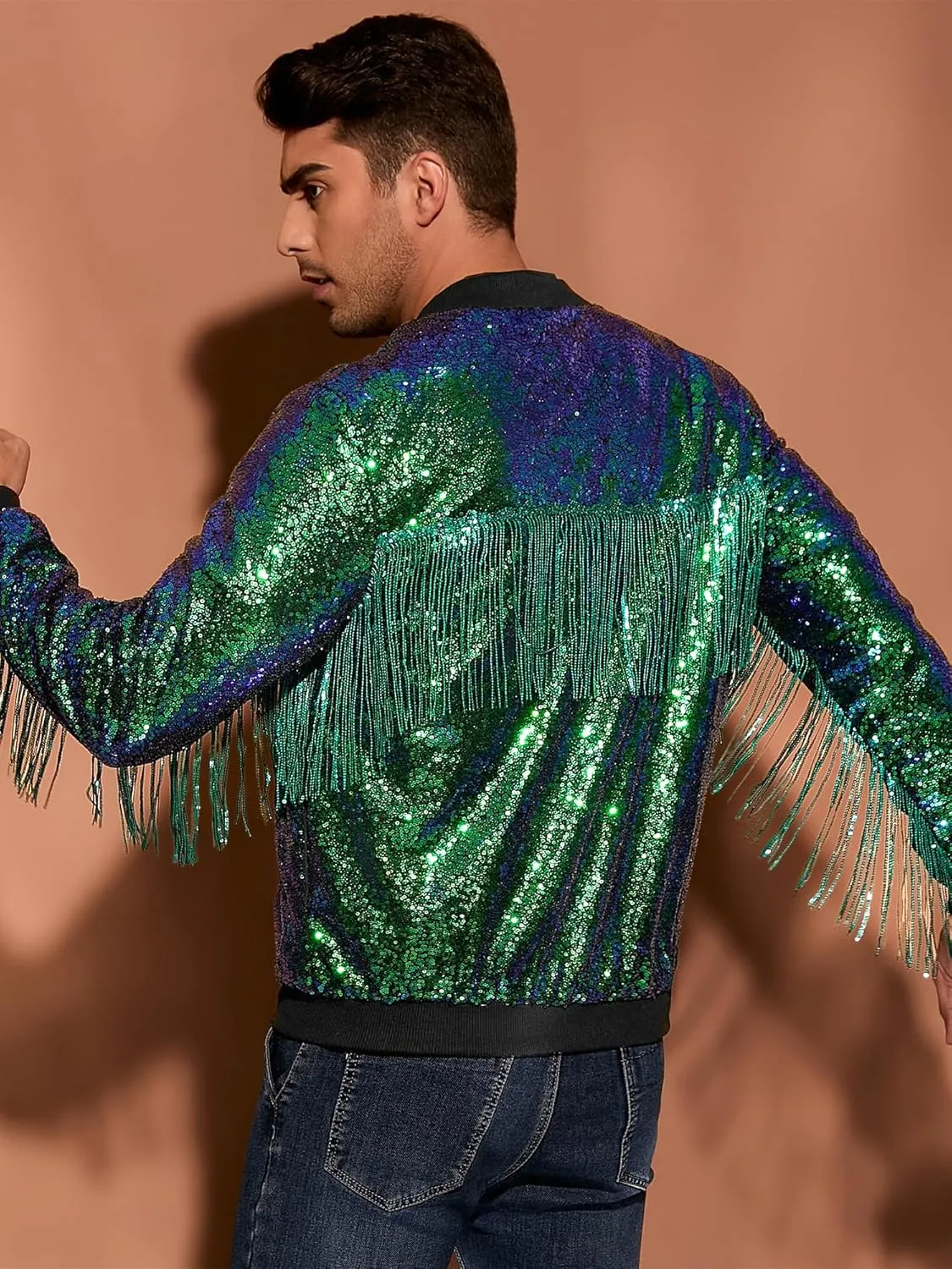 Lars Amadeus Shiny Tassel Jacket for Men's Zipper 70s Disco Sparkly Sequins Baseball Bomber Jackets