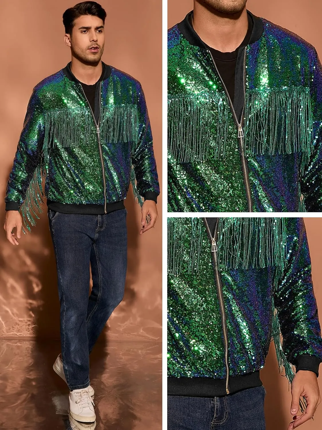 Lars Amadeus Shiny Tassel Jacket for Men's Zipper 70s Disco Sparkly Sequins Baseball Bomber Jackets
