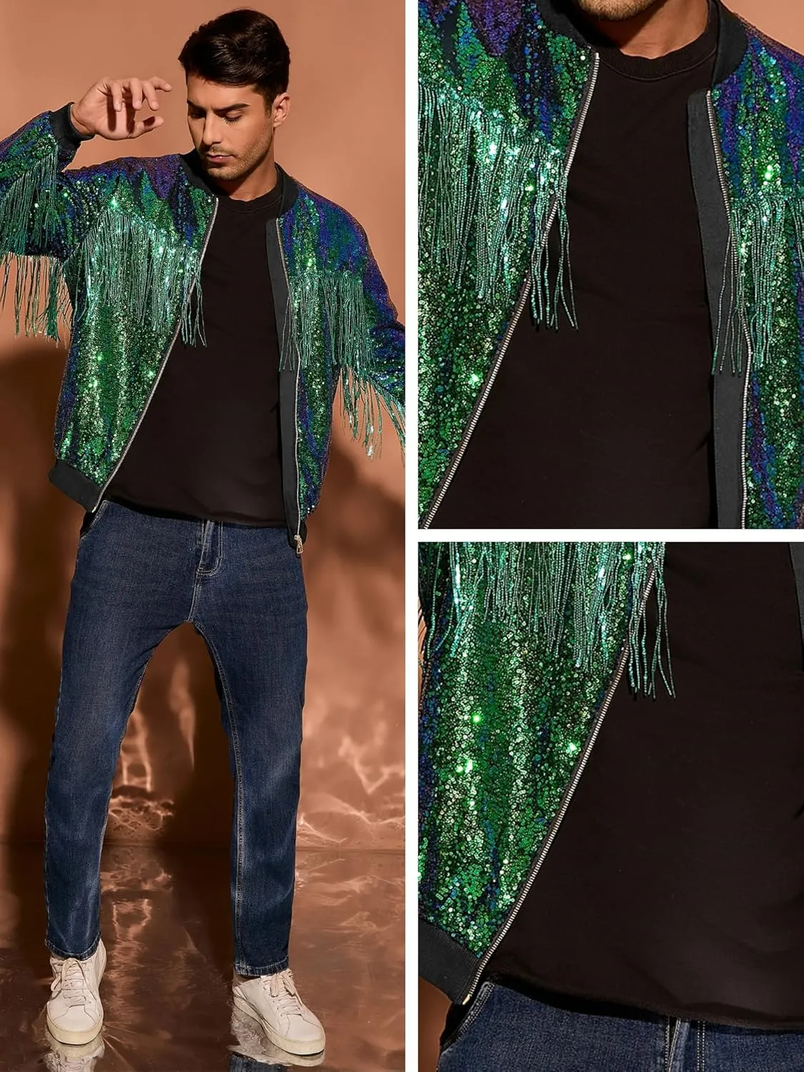 Lars Amadeus Shiny Tassel Jacket for Men's Zipper 70s Disco Sparkly Sequins Baseball Bomber Jackets