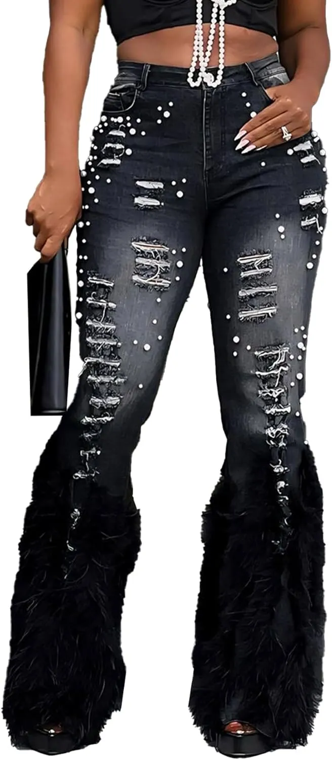 Lucuna Women's Pearl Ripped Jeans Fluffy Feather Bell Bottom Stretch Straight Leg Distressed Denim Pants