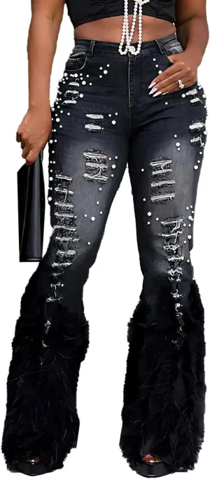 Lucuna Women's Pearl Ripped Jeans Fluffy Feather Bell Bottom Stretch Straight Leg Distressed Denim Pants