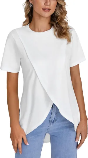 LYANER Women's Round Neck High Low Wrap Front Split Hem Short Sleeve T-Shirt Blouse Top