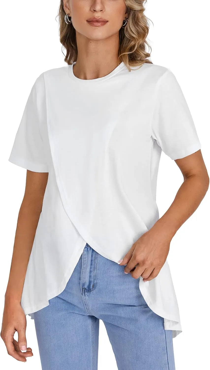 LYANER Women's Round Neck High Low Wrap Front Split Hem Short Sleeve T-Shirt Blouse Top