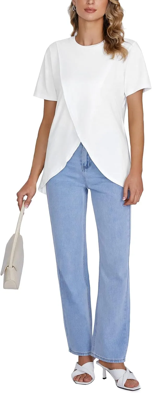 LYANER Women's Round Neck High Low Wrap Front Split Hem Short Sleeve T-Shirt Blouse Top