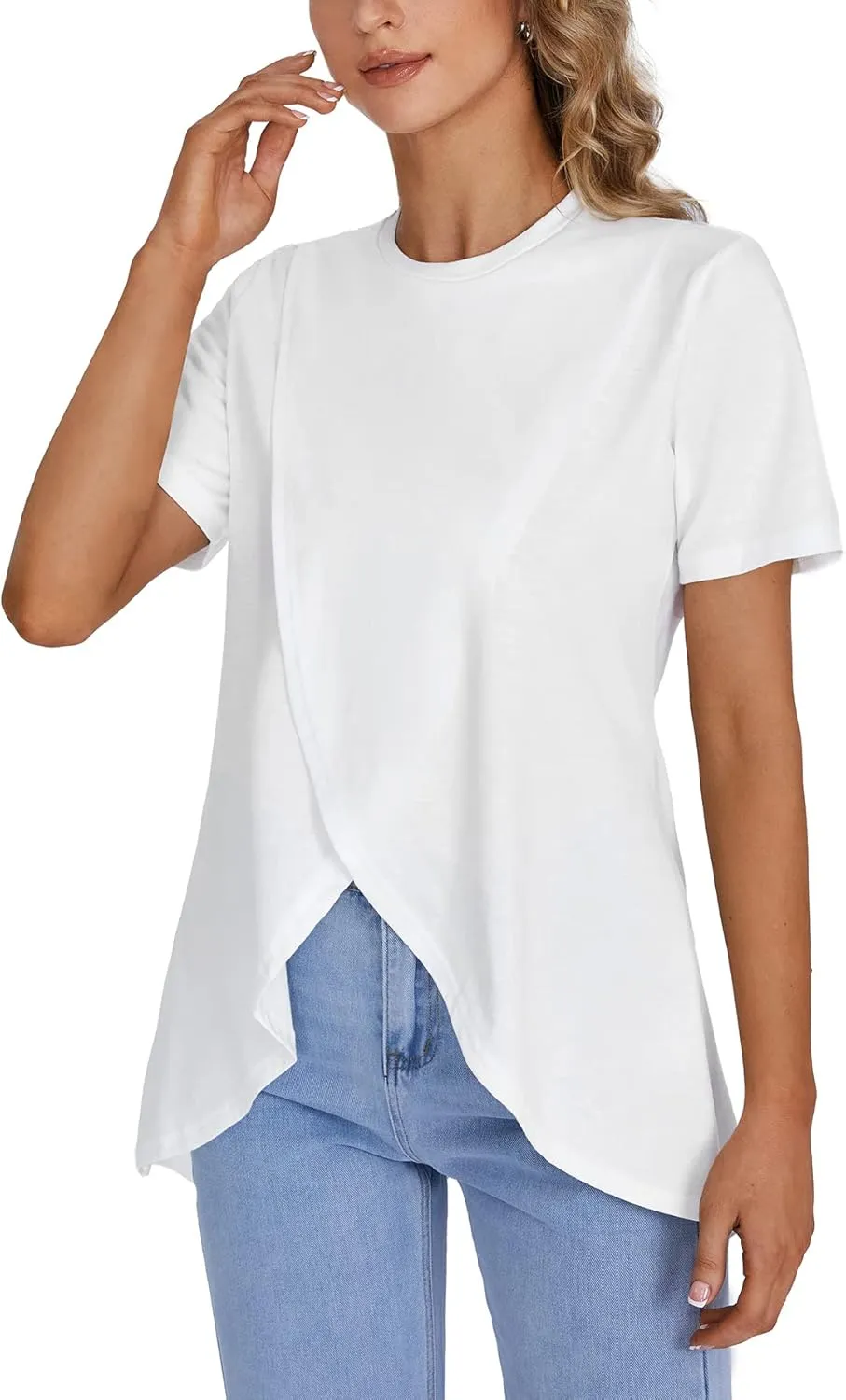 LYANER Women's Round Neck High Low Wrap Front Split Hem Short Sleeve T-Shirt Blouse Top