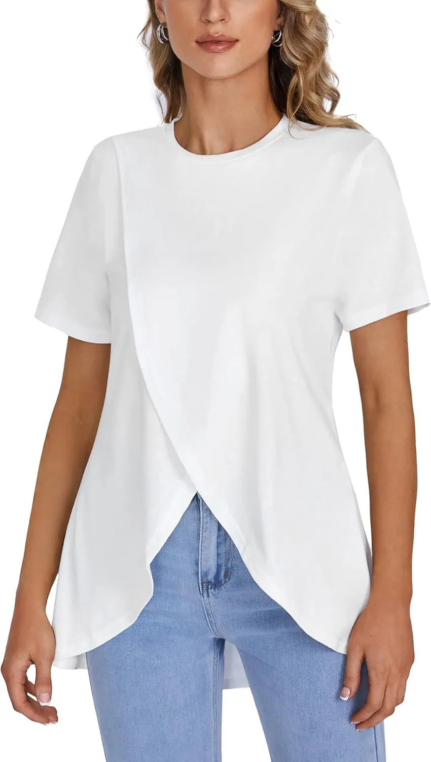 LYANER Women's Round Neck High Low Wrap Front Split Hem Short Sleeve T-Shirt Blouse Top