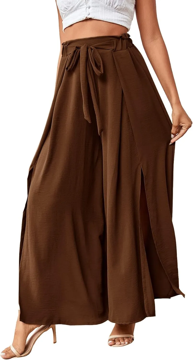 LYANER Women's Tie Front High Waist Side Split Slit Flowy Wide Leg Pleated Pant with Belt
