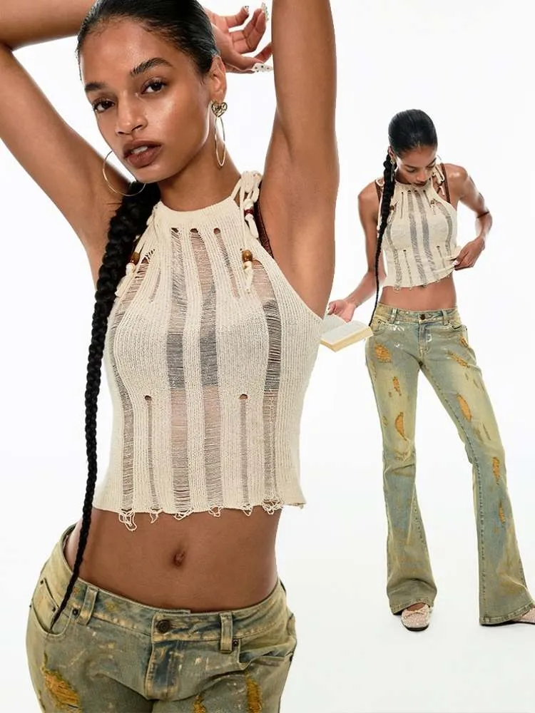 Mesh Knit Beaded Strap Tank Top【s0000009178】