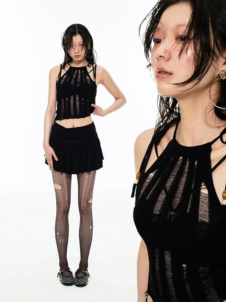 Mesh Knit Beaded Strap Tank Top【s0000009178】