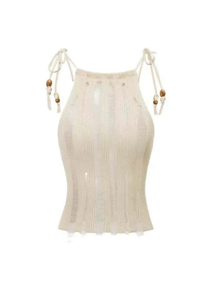 Mesh Knit Beaded Strap Tank Top【s0000009178】