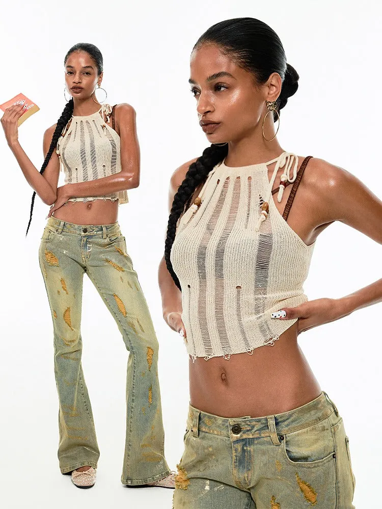Mesh Knit Beaded Strap Tank Top【s0000009178】