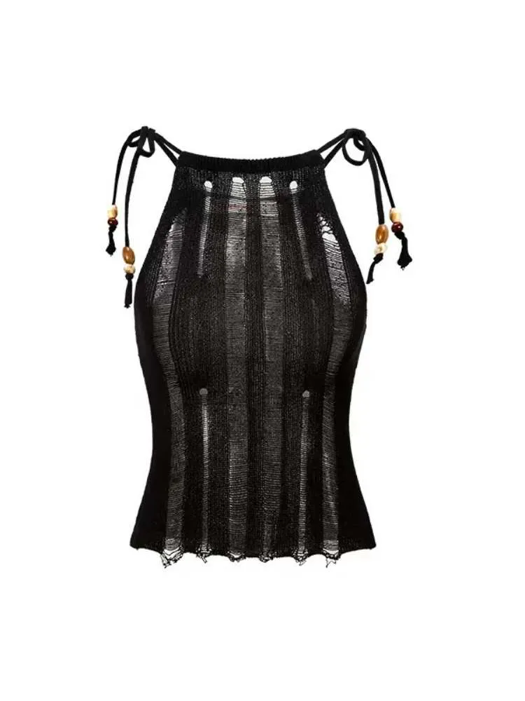 Mesh Knit Beaded Strap Tank Top【s0000009178】