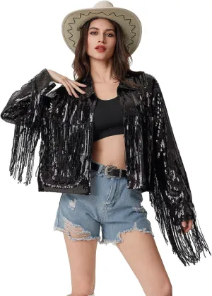 MISI CHAO Sequin Fringe Jacket Shiny Disco Cowgirl Outfit Theme Y2K 90s Streetwear Jacket Glitter Tassel Coat
